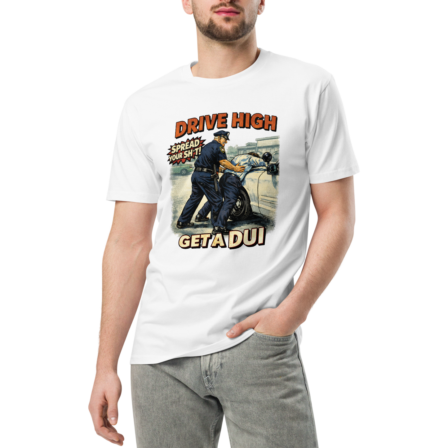Person wearing a white t-shirt with a graphic design and text on a white background