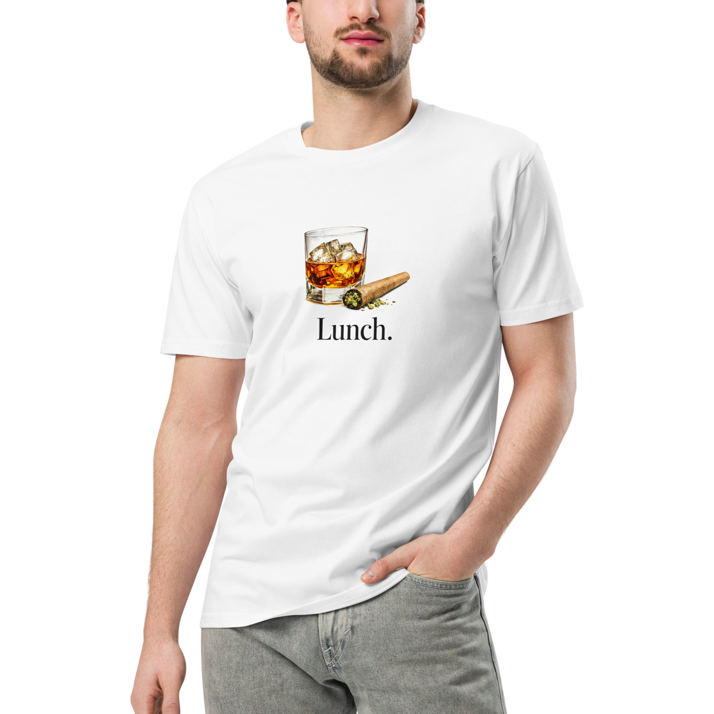 Person wearing a white t-shirt with a graphic of a glass of whiskey and a cigar, with the word 'Lunch.'
