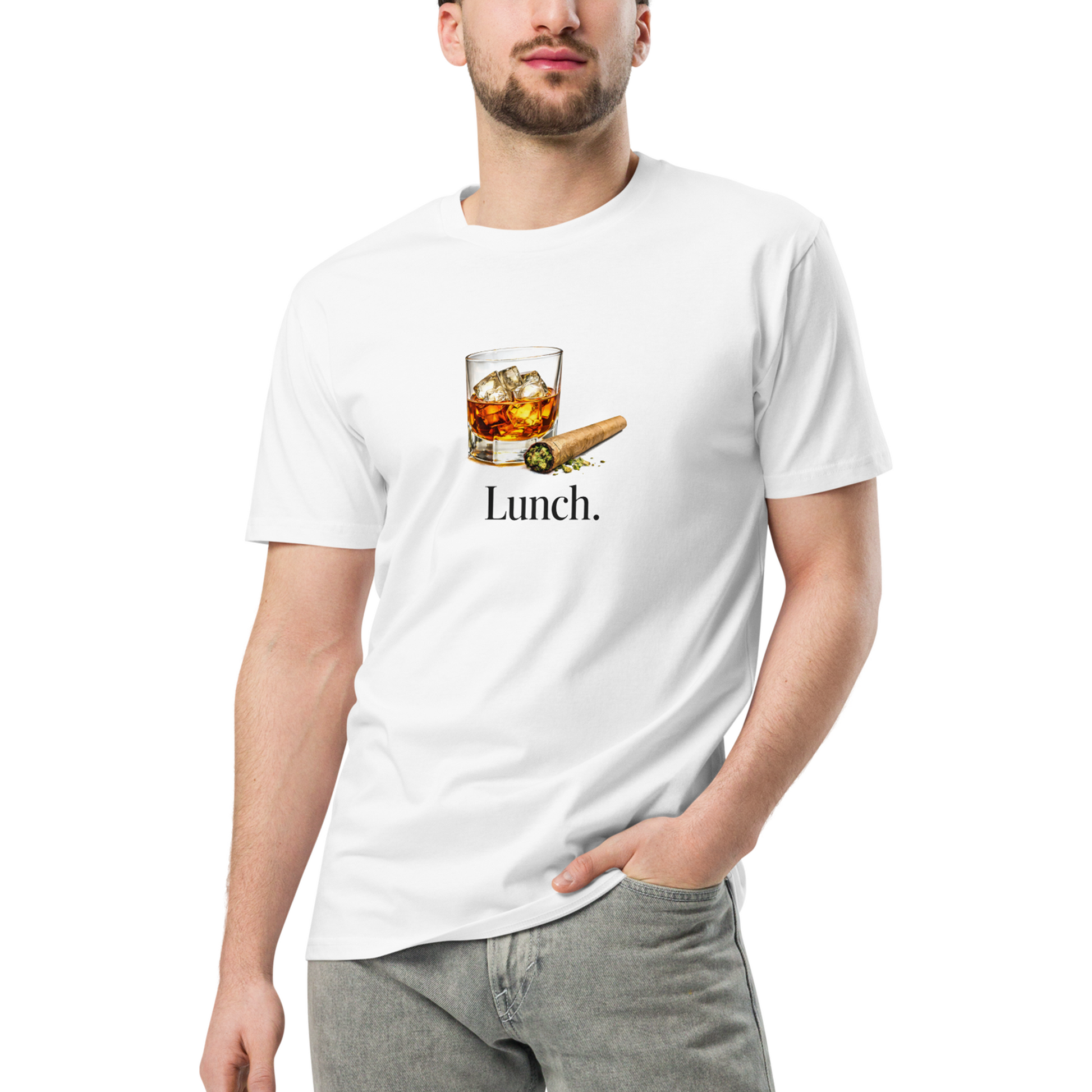 Person wearing a white t-shirt with a graphic of a glass of whiskey and a cigar, with the word 'Lunch.'