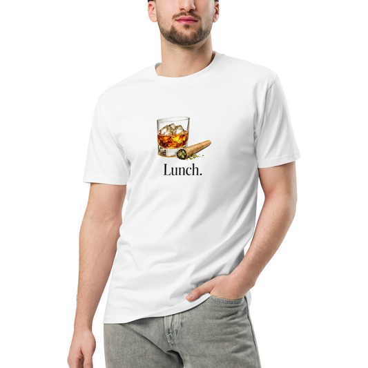 Person wearing a white t-shirt with a graphic of a glass of whiskey and a cigar, with the word 'Lunch.'
