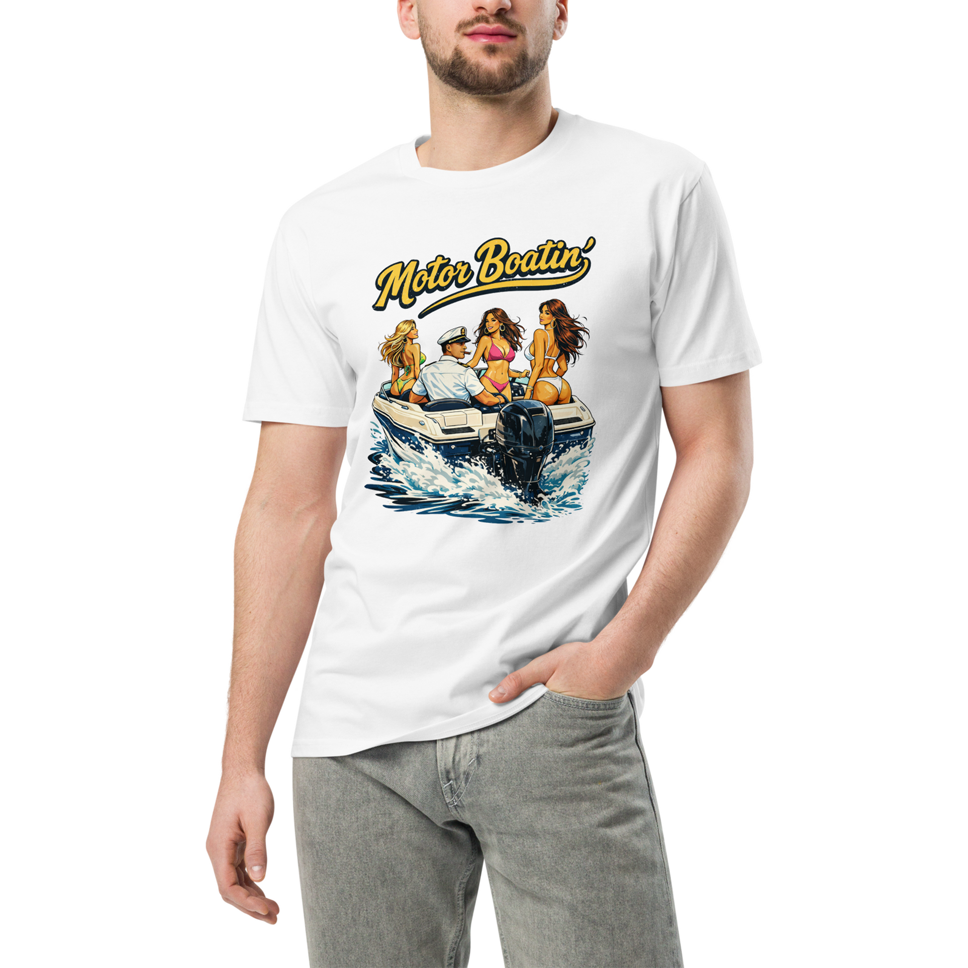 Person wearing a white t-shirt with a graphic design of people on a boat and 'Motor Boatin' text.