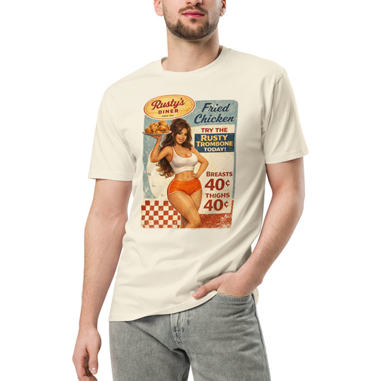 Person wearing a t-shirt with a vintage-style advertisement graphic.