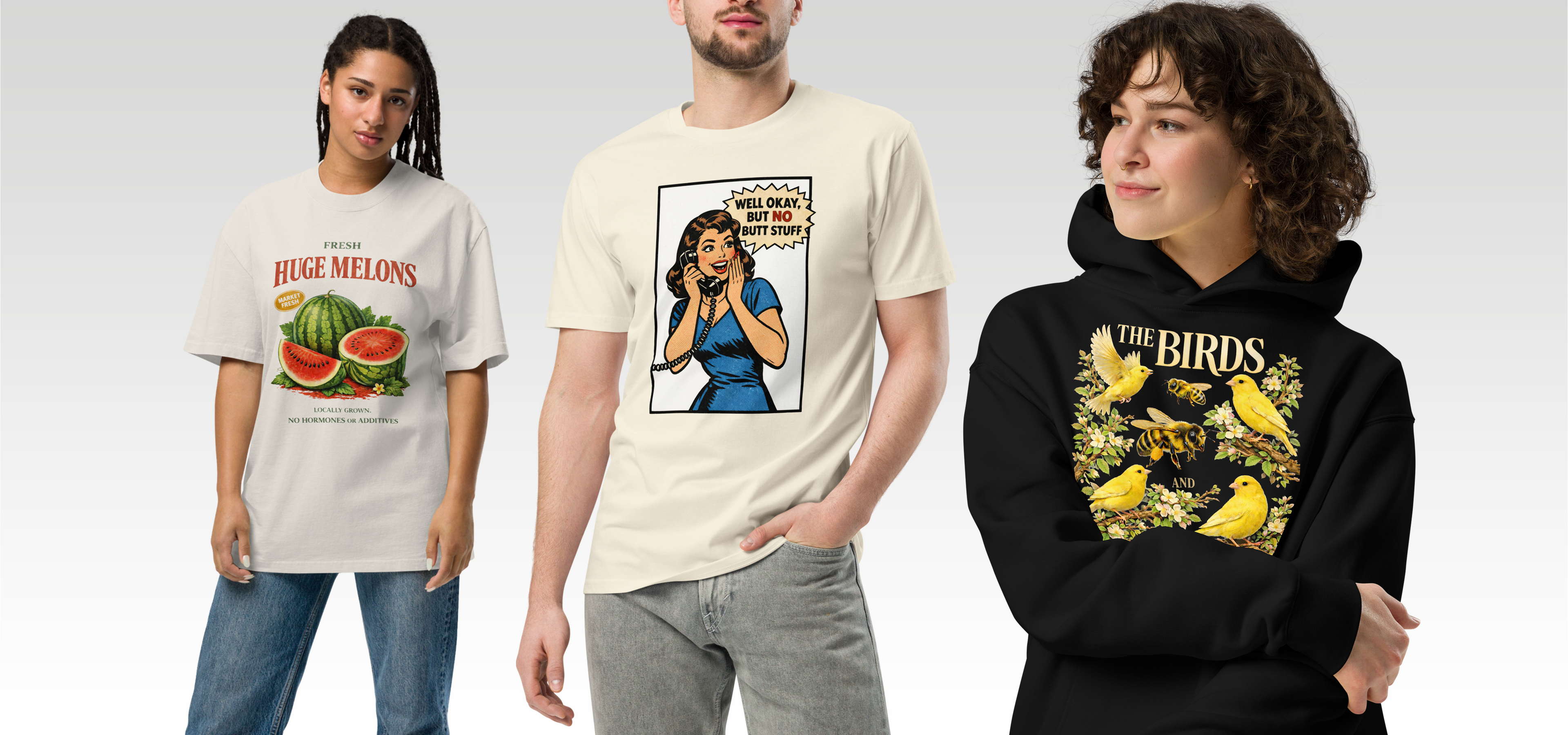 Three people wearing different graphic tees and a hoodie with various designs.