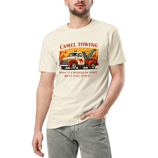 Person wearing a cream t-shirt with a graphic of a vintage tow truck and text.