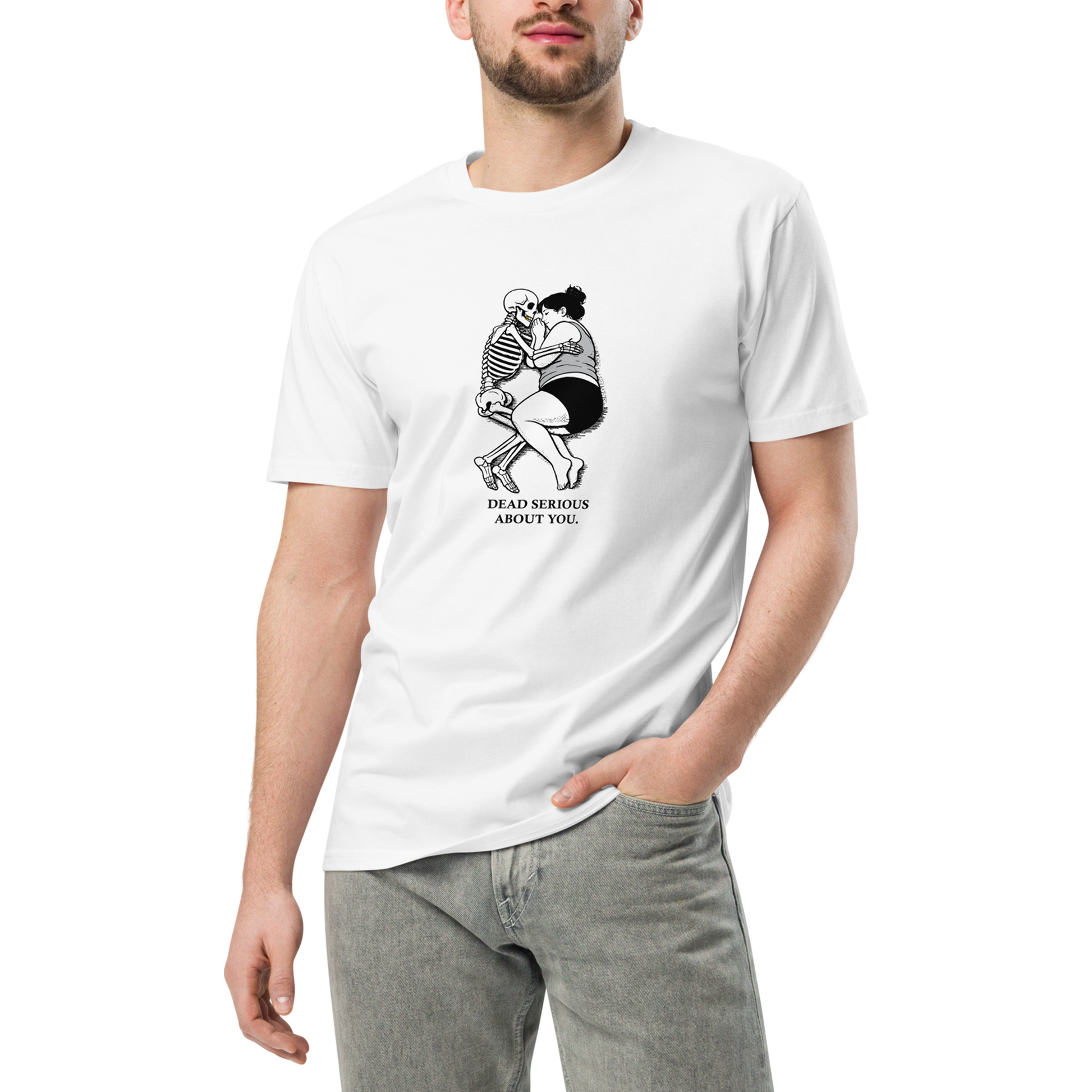 Person wearing a white t-shirt with a graphic design and text on a white background