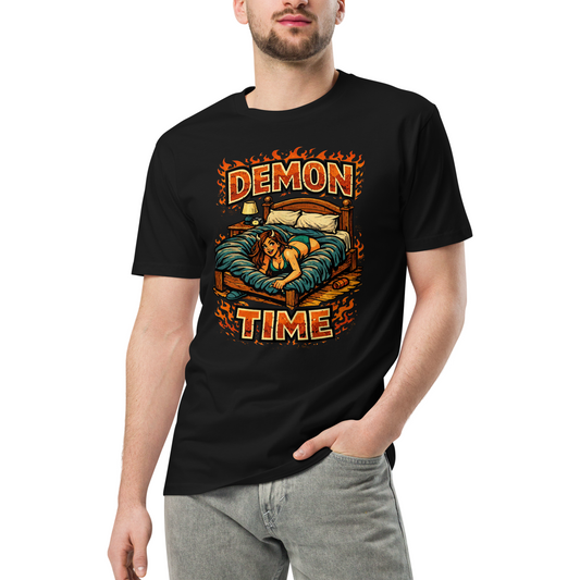 Person wearing a black t-shirt with a graphic design and text 'Demon Time' on a white background