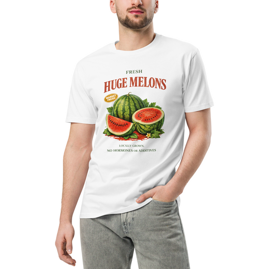 Person wearing a white t-shirt with watermelon graphic and text