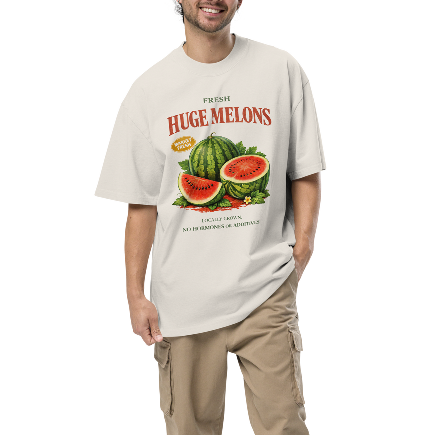 Person wearing a beige t-shirt with a watermelon graphic and text.