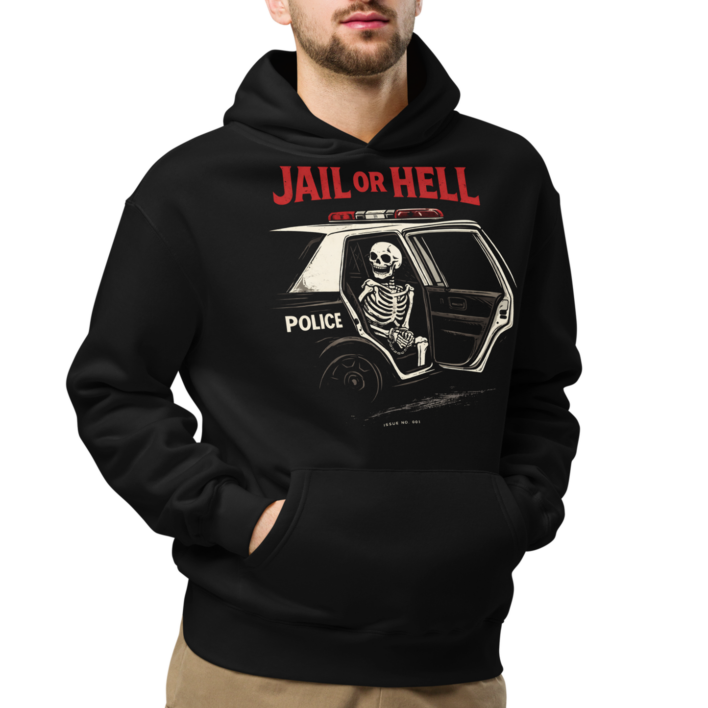Black hoodie with 'Jail or Hell' graphic design on a white background