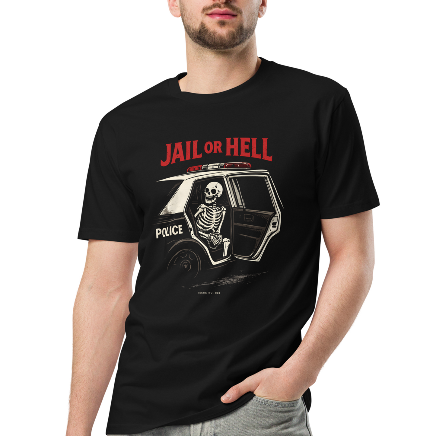 Person wearing a black t-shirt with a graphic design and text 'Jail or Hell' on a white background