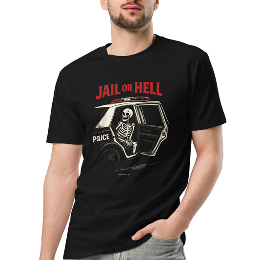 Person wearing a black t-shirt with a graphic design and text 'Jail or Hell' on a white background