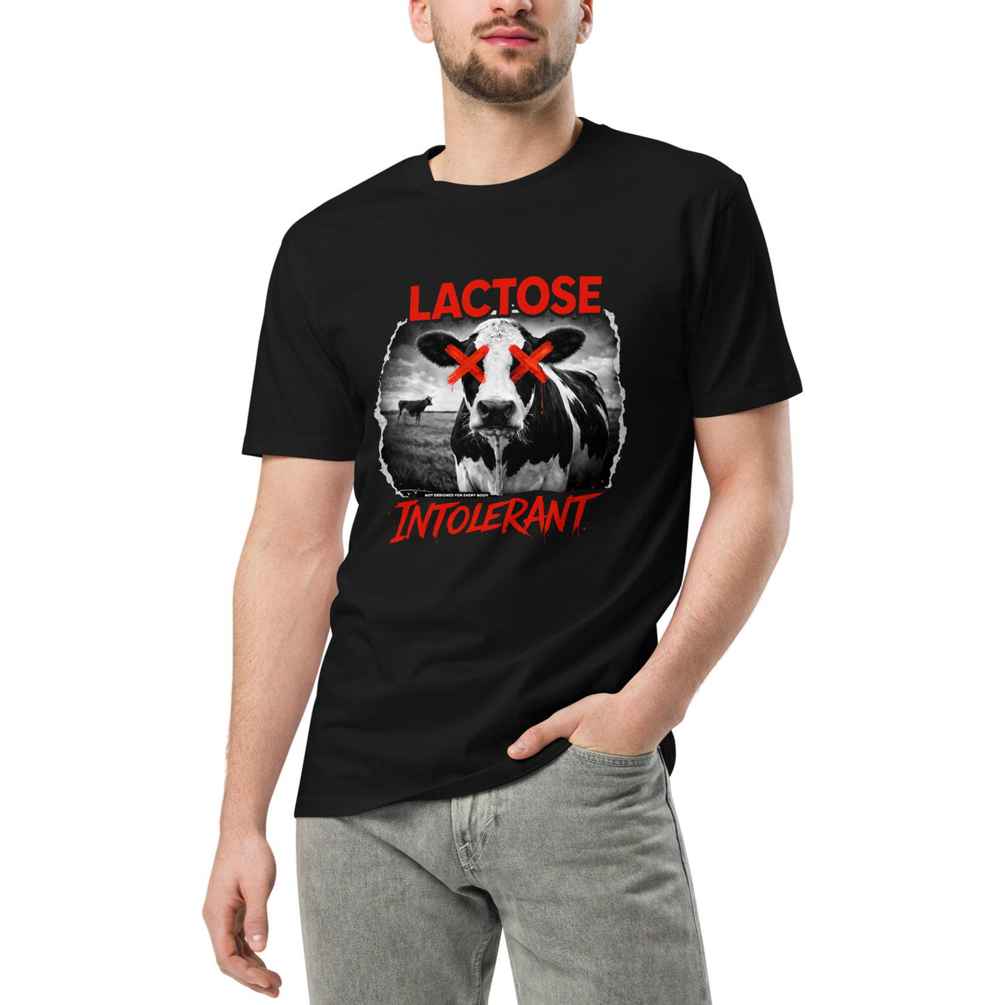 Person wearing a black t-shirt with a graphic design and text on a white background