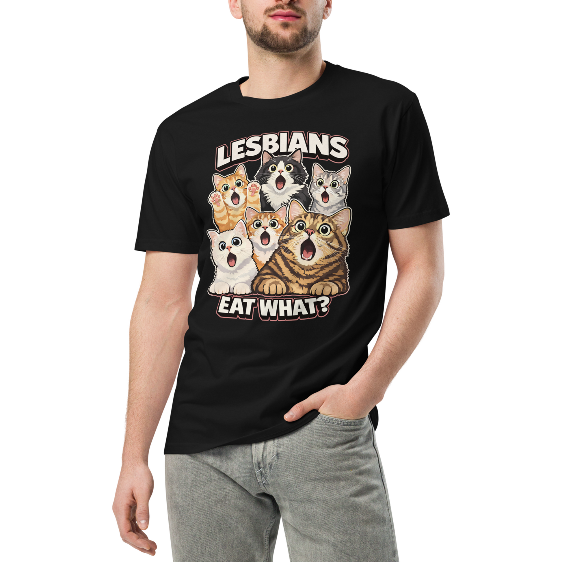 Person wearing a black t-shirt with cartoon cats and text on a white background