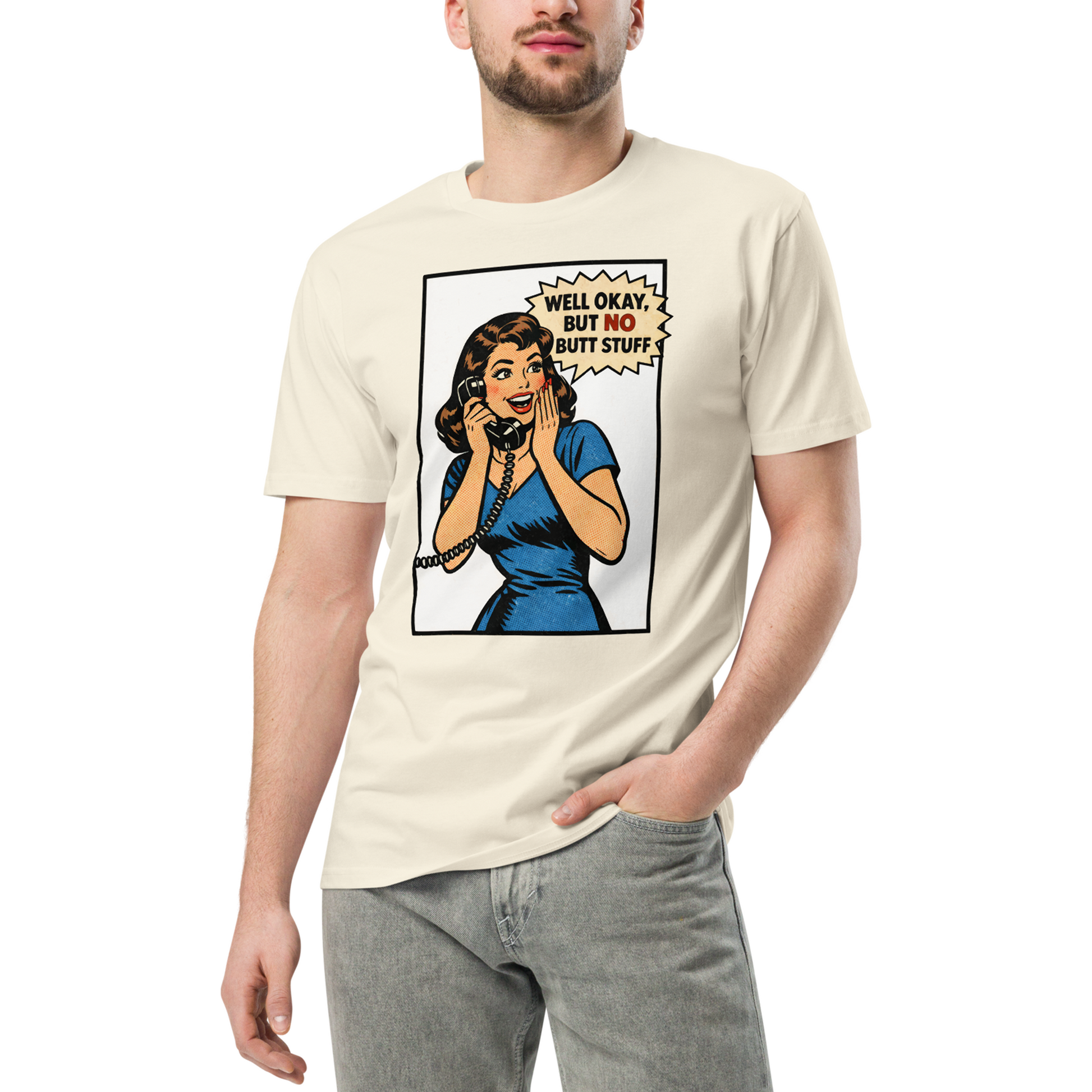 Person wearing a cream t-shirt with a graphic design of a woman on a phone and text.