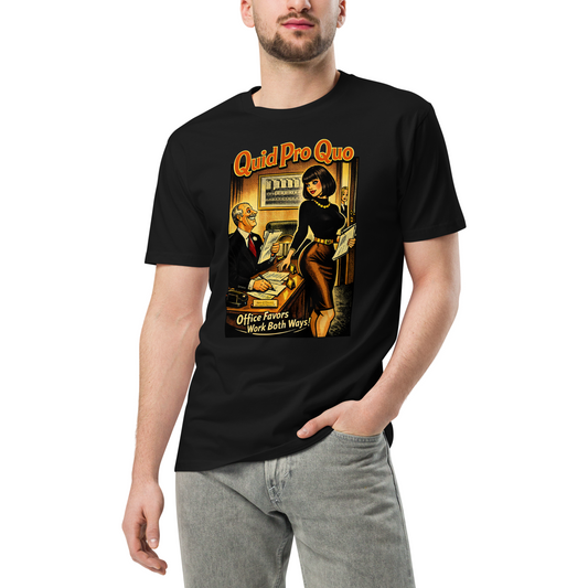 Person wearing a black t-shirt with a graphic design and text.
