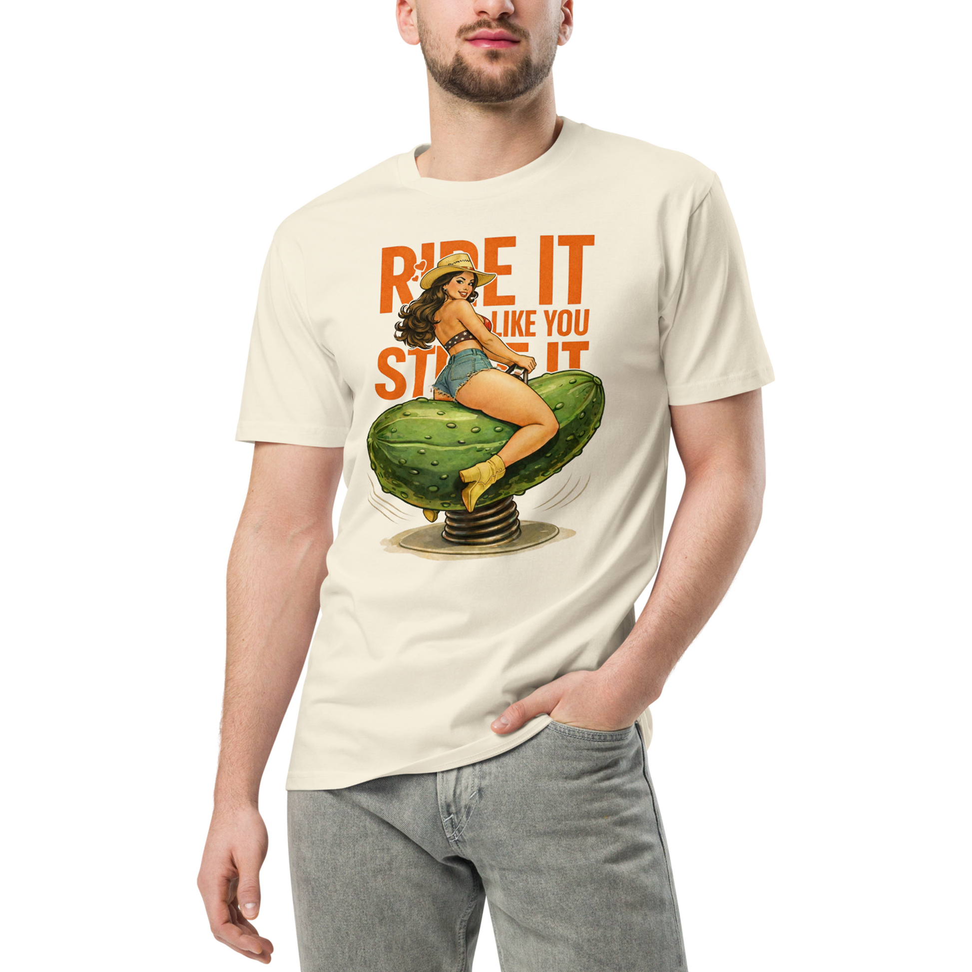 Person wearing a t-shirt with a graphic design of a woman on a watermelon, text 'RIDE IT LIKE YOU STOLE IT'.