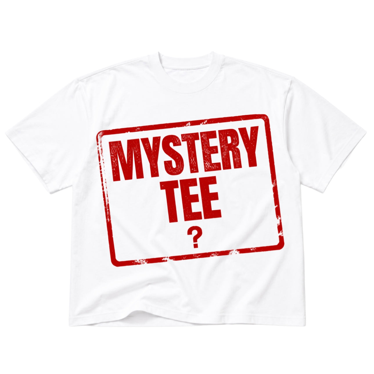 A white short-sleeve t-shirt with a red distressed stamp graphic on the front that reads 'MYSTERY TEE ?'.