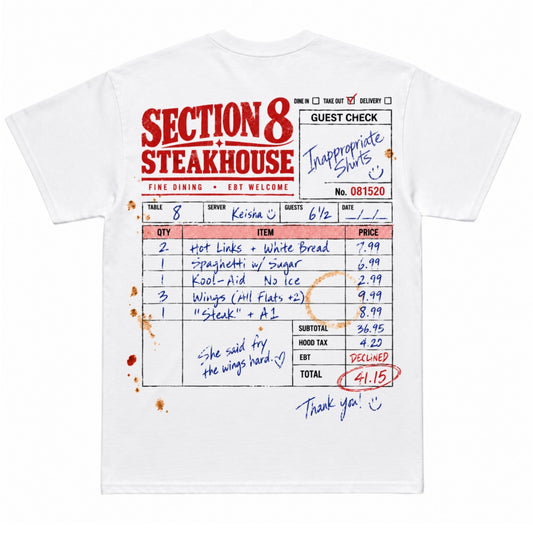 A white short-sleeve graphic T-shirt featuring a printed guest check receipt design from Section 8 Steakhouse, with red logo text, a table of items, handwritten-style blue notes, and red/orange blood-splatter accents.