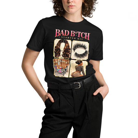 Person wearing a black t-shirt with a graphic design and text.