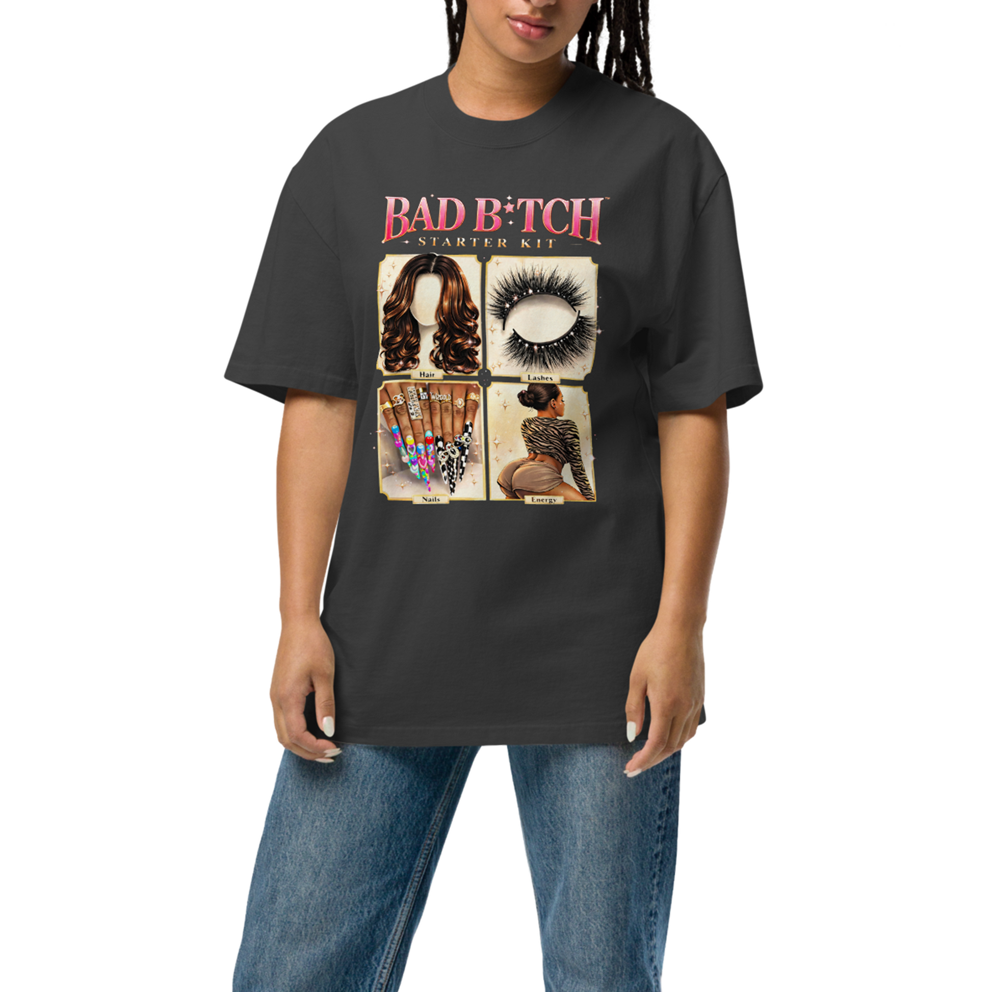 Person wearing a black t-shirt with graphic design and text