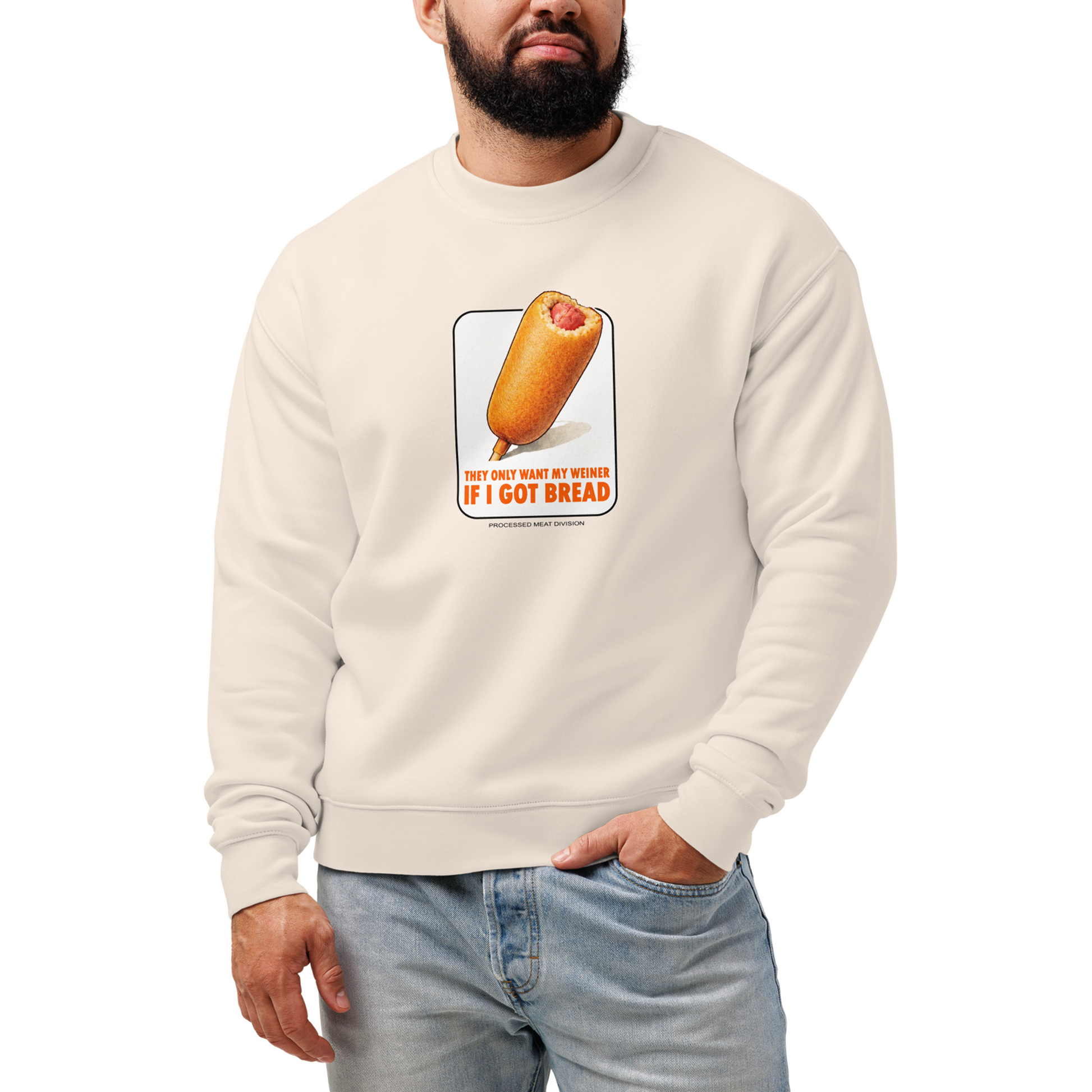 Man wearing a cream sweatshirt with a corn dog graphic and text on a white background