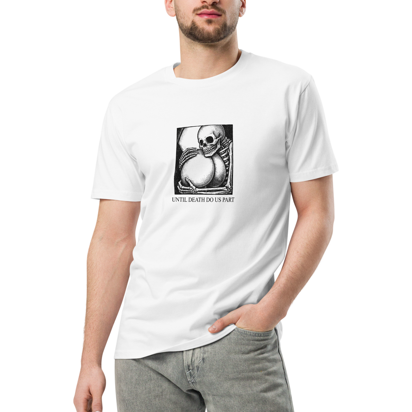 Person wearing a white t-shirt with a graphic design and text on a white background